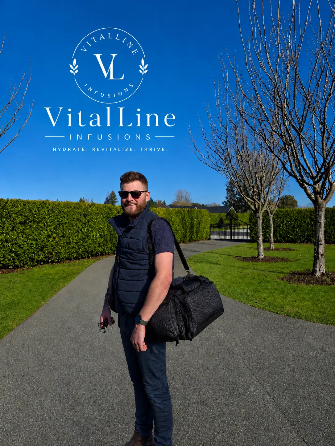 Lachy, founder of VitalLine Infusions, heading out with his mobile infusion kit on a sunny Waikato day